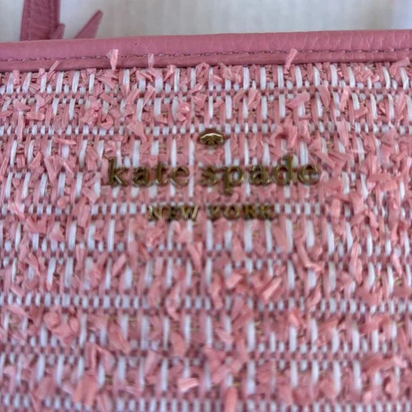 Kate Spade Rowe Summer Tweed Pink Raffia Leather Medium Satchel Bag NEW - Picture 3 of 16
